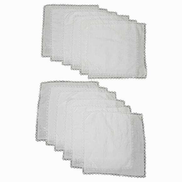Vintage White Napkins Set 12 Cotton Blend Embroidered Floral Design Crochet Trim - Picture 1 of 10